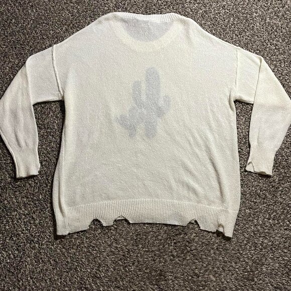 Cactus Cutout, Nubby Boucle Fabric Women Oversized Small White LS Pullover - Picture 5 of 8